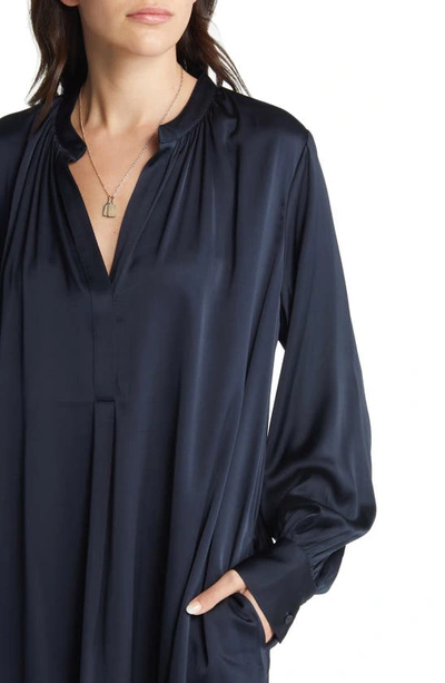 Shop Treasure & Bond Deep V-neck Satin Shirtdress In Navy Blazer