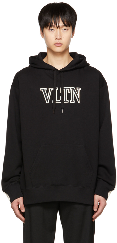 Shop Valentino Black Embroidered Patch Hoodie In 0na Nero/avorio