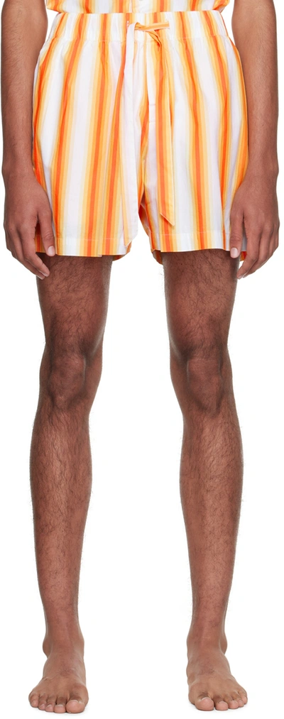 Shop Tekla Orange Stripe Pyjama Shorts In Orange Marquee