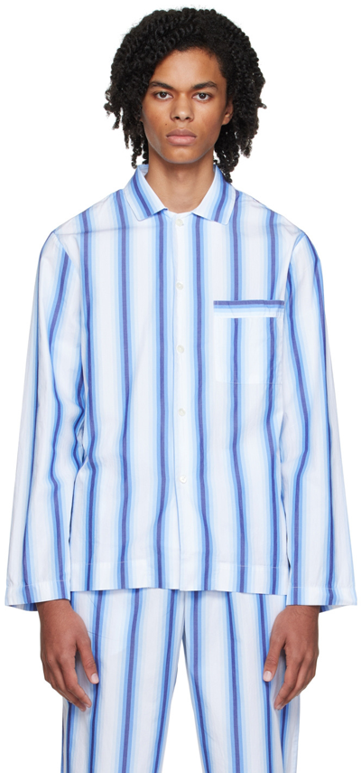 Shop Tekla Blue Stripe Long Sleeve Pyjama Shirt In Blue Marquee