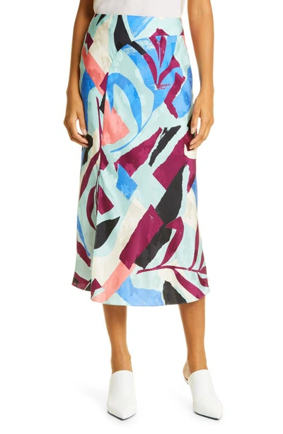 Shop Tanya Taylor Kiarah Abstract Print Silk Skirt In Tropical Collage Araucana Blue