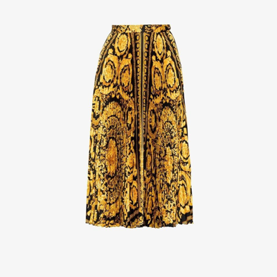 Shop Versace Black Baroque Print Pleated Midi Skirt In Yellow