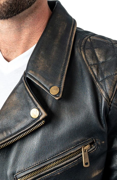 Shop Maceoo Destroyed Leather Biker Jacket In Brown