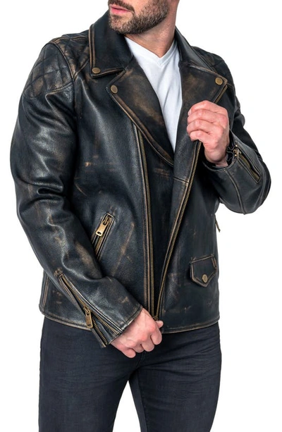 Shop Maceoo Destroyed Leather Biker Jacket In Brown
