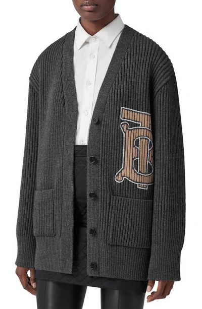 Shop Burberry Darci Tb Intarsia Merino Wool Cardigan In Dark Grey Melange