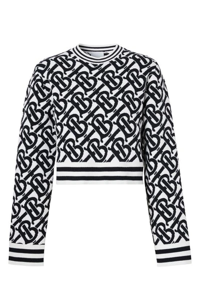 Shop Burberry Mackenzie Tb Logo Jacquard Wool Blend Crop Sweater In Natural White