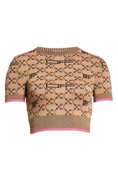 Shop Off-white Monogram Arrow Crop Jacquard Sweater In Beige/ Black