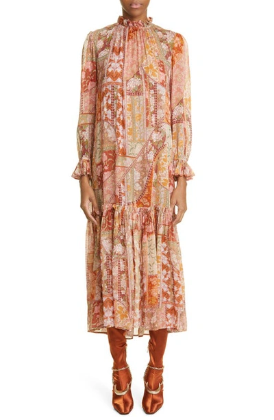 Shop Zimmermann Floral Print Long Sleeve Midi Dress In Red Swirl Floral