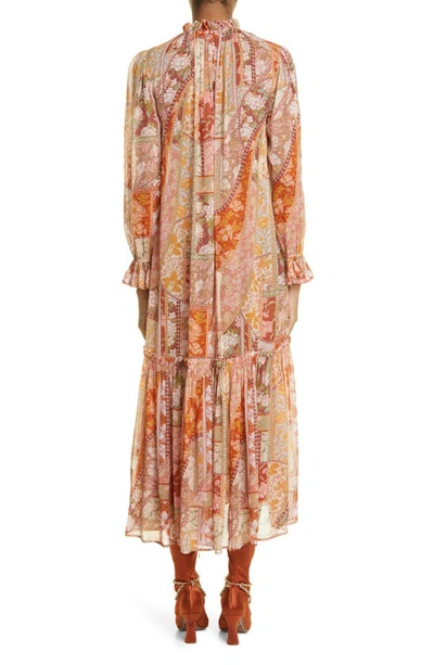 Shop Zimmermann Floral Print Long Sleeve Midi Dress In Red Swirl Floral