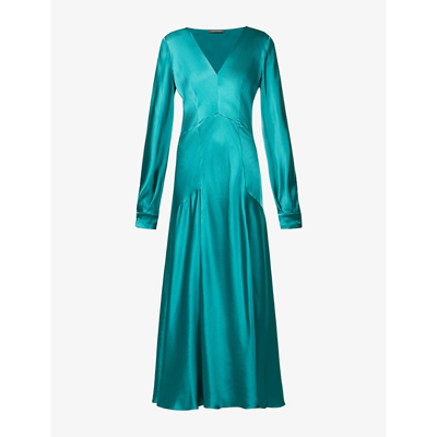 Shop Alberta Ferretti V-neck A-line Silk-satin Midi Dress In Green