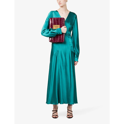 Shop Alberta Ferretti V-neck A-line Silk-satin Midi Dress In Green