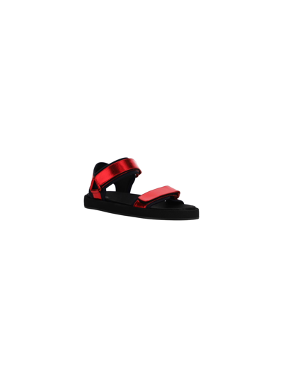 The Row Hook And Loop Metallic Leather And Neoprene Sandals In Ruby