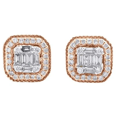 Pre-owned Jfl Diamonds & Timepieces 14k Rose Gold Baguette Diamond Milgrain Halo Frame Stud 8.50mm Earrings 3/8 Ct. In White