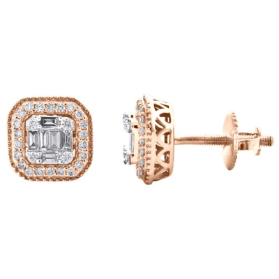 Pre-owned Jfl Diamonds & Timepieces 14k Rose Gold Baguette Diamond Milgrain Halo Frame Stud 8.50mm Earrings 3/8 Ct. In White