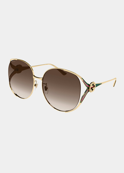 Shop Gucci Oval Web Gg Sunglasses, Yellow Pattern In 007 Gold