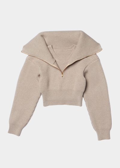 Shop Jacquemus Risoul Double-collar Rib Crop Wool Sweater In Light Brown