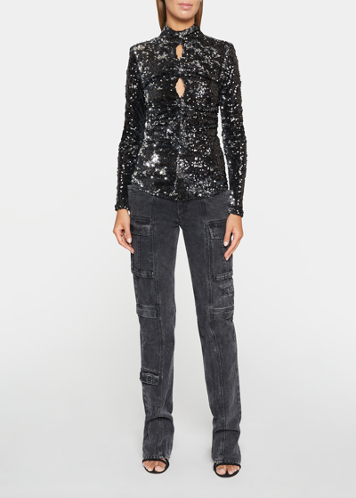 Shop Isabel Marant Milana Sequined Long-sleeve Blouse In Silver
