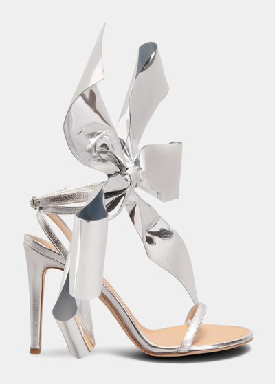 Shop Loewe 100mm Metallic Bow Stiletto Sandals In Silver Grey
