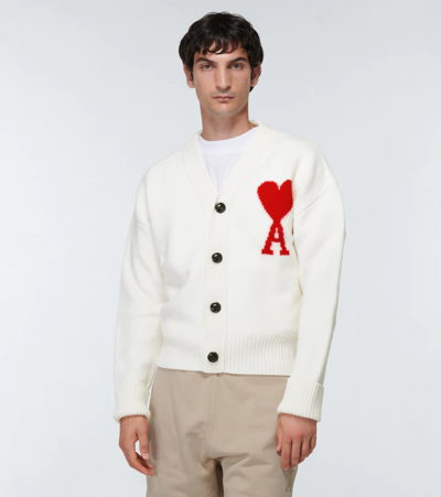 Shop Ami Alexandre Mattiussi Ami De Caur Wool Cardigan In Off White/red