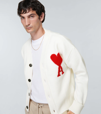Shop Ami Alexandre Mattiussi Ami De Caur Wool Cardigan In Off White/red