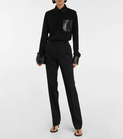 Shop Victoria Beckham Leather-trimmed Jersey Blouse In Black