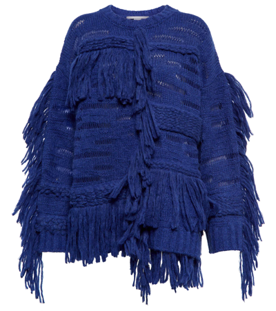 Shop Stella Mccartney Fringed Alpaca Wool-blend Sweater In Jewel Blue