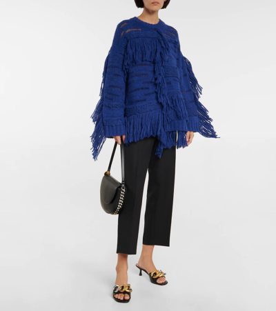 Shop Stella Mccartney Fringed Alpaca Wool-blend Sweater In Jewel Blue