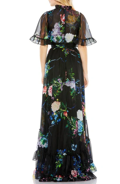 Shop Mac Duggal Floral Ruffle Neck High-low Gown In Black Multi