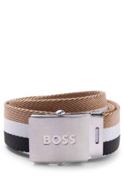 Shop Hugo Boss Signature-stripe Belt With Logo-plaque Buckle In Patterned