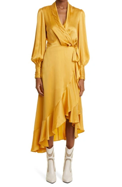 Shop Zimmermann Long Sleeve Silk Wrap Dress In Gold