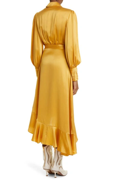 Shop Zimmermann Long Sleeve Silk Wrap Dress In Gold
