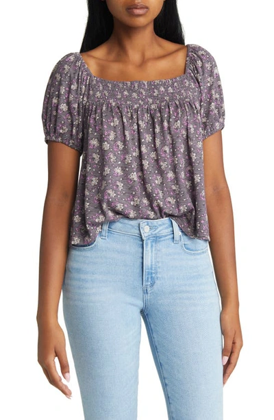 Shop Lucky Brand Square Neck Floral Print Cotton Blend Top In Purple Multi