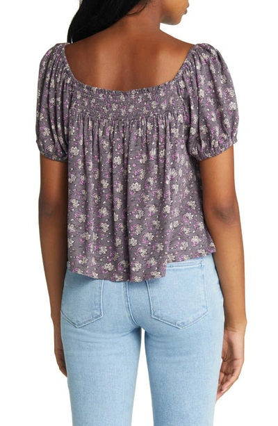 Shop Lucky Brand Square Neck Floral Print Cotton Blend Top In Purple Multi