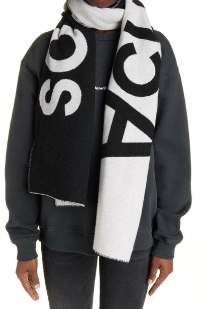 Shop Acne Studios Toronty Logo Wool Blend Scarf In Black/ White