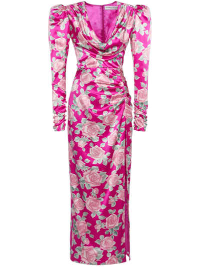 Shop Alessandra Rich Silk Draped Dress In Fuxia