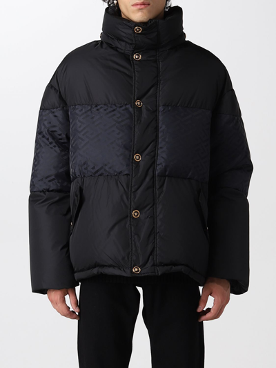 Shop Versace Puffy Down Jacket With Greca Band In Black