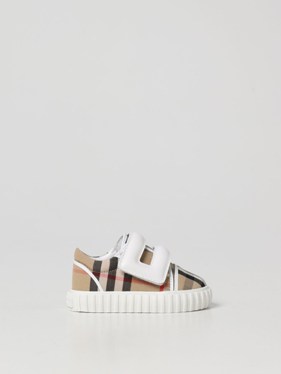 Shop Burberry Leather And Check Cotton Sneakers In Beige