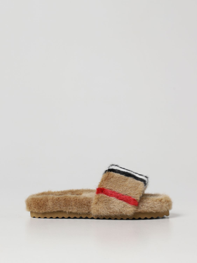 Shop Burberry Synthetic Fur Slides In Beige
