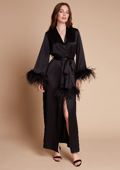 Shop Gilda & Pearl Camille Feather Trim Silk Robe In  Black