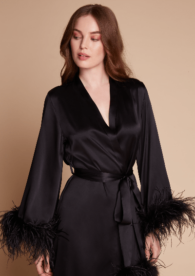 Shop Gilda & Pearl Camille Feather Trim Silk Robe In  Black