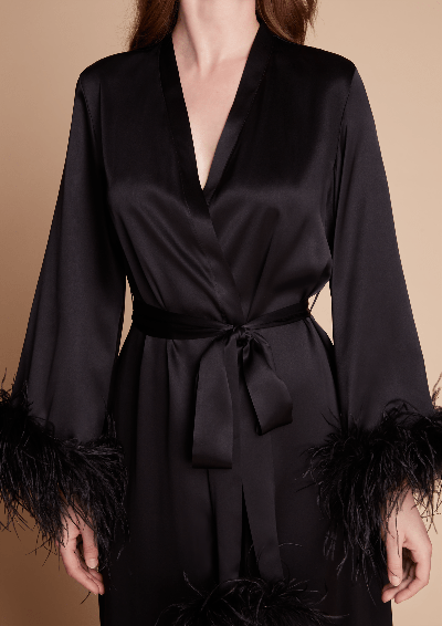 Shop Gilda & Pearl Camille Feather Trim Silk Robe In  Black
