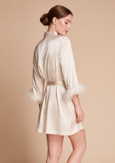 Gilda & Pearl Celeste Silk And Feather Short Robe In  Pearl