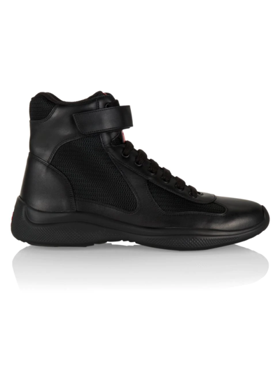 Shop Prada Men's America's Cup Metallic Leather Sneakers In Nero