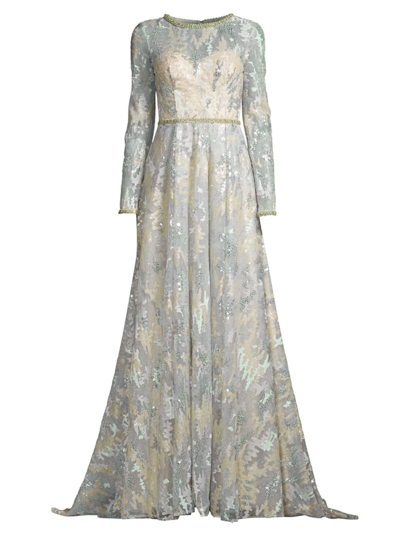 Shop Mac Duggal Women's Floral Lace Long-sleeve A-line Dress In Platinum