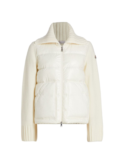 Shop Moncler Women's Mainline Mixed-media Down Cardigan In Off White