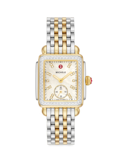 Shop Michele Women's Deco Mid Two-tone Stainless Steel & Diamond Bracelet Watch In Sapphire