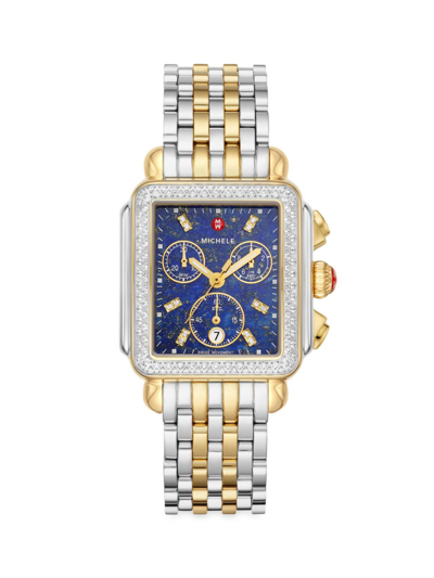 Shop Michele Women's Deco Two-tone Stainless Steel, Lapis Lazuli, & Diamond Chronograph Watch In Sapphire