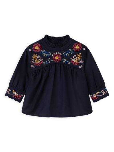 Shop Chloé Little Girl's & Girl's Embroidered Blouse In Navy