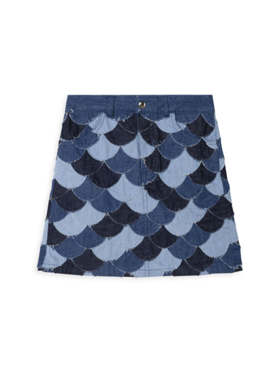 Shop Chloé Girl's Denim Patchwork Skirt In Denim Blue
