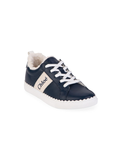Shop Chloé Girl's Leather Sneakers In Navy